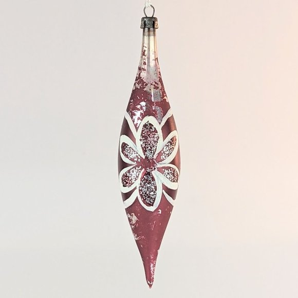 Vintage 50s MCM Burgundy Red Silver White Teardrop Glass Ornament Shiny Glitter - Picture 4 of 4